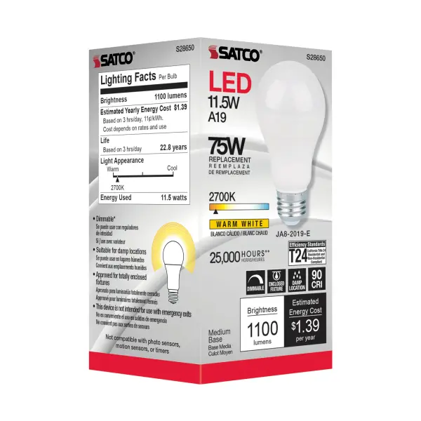 11.5 Watt - A19 LED - 90CRI - 2700K - Medium base - 220 deg. Beam Angle - 120 Volt - 1100 Lumens - CEC - Image 4