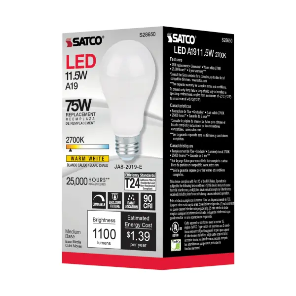 11.5 Watt - A19 LED - 90CRI - 2700K - Medium base - 220 deg. Beam Angle - 120 Volt - 1100 Lumens - CEC - Image 5