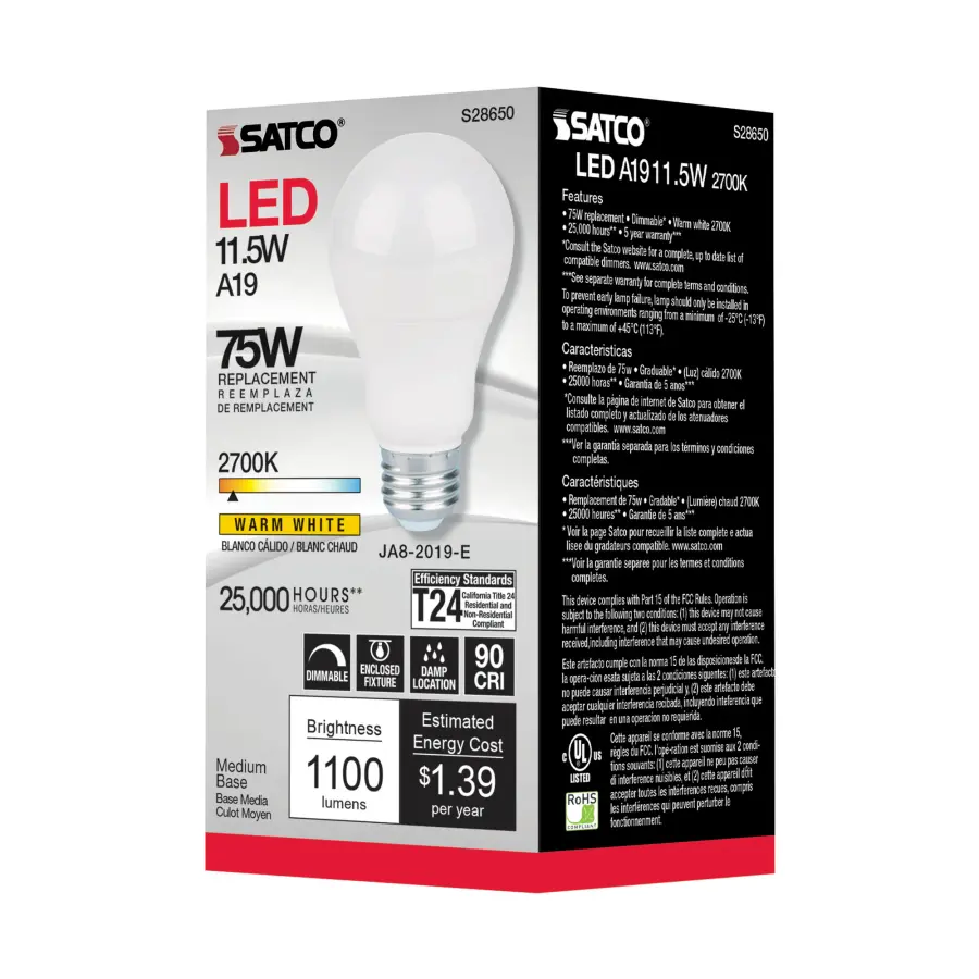 11.5 Watt - A19 LED - 90CRI - 2700K - Medium base - 220 deg. Beam Angle - 120 Volt - 1100 Lumens - CEC - Image 5