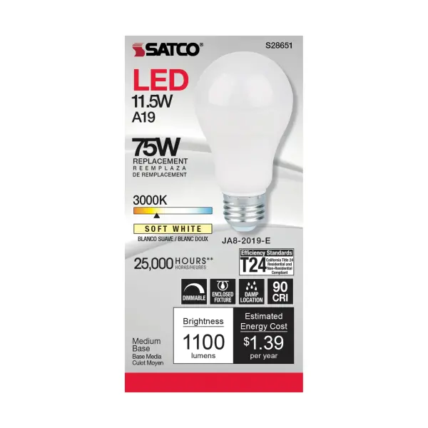 11.5 Watt - A19 LED - 90CRI - 3000K - Medium base - 220 deg. Beam Angle - 120 Volt - 1100 Lumens - CEC - Image 2