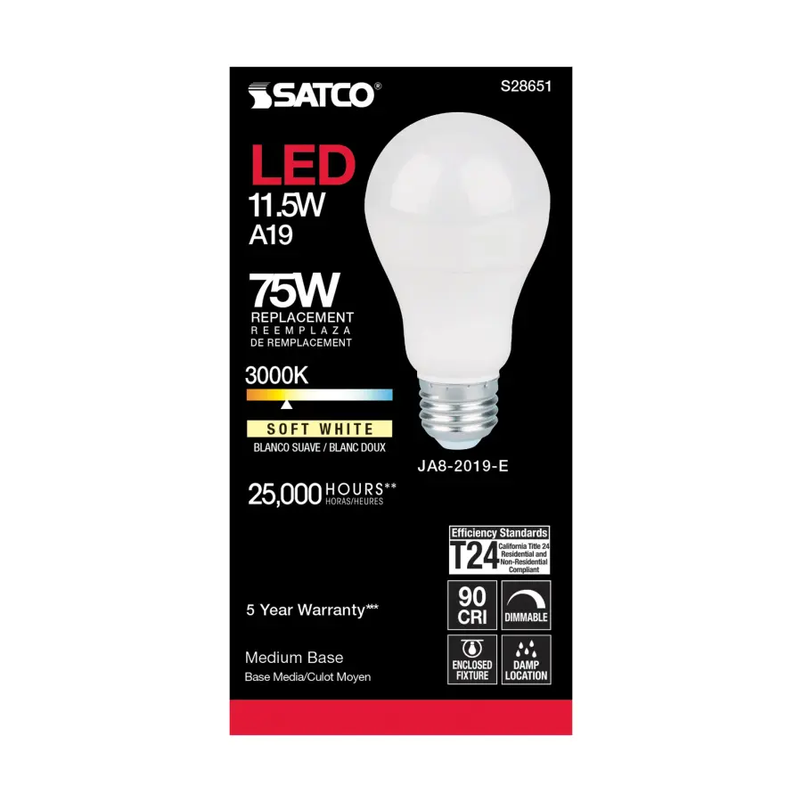 11.5 Watt - A19 LED - 90CRI - 3000K - Medium base - 220 deg. Beam Angle - 120 Volt - 1100 Lumens - CEC - Image 3