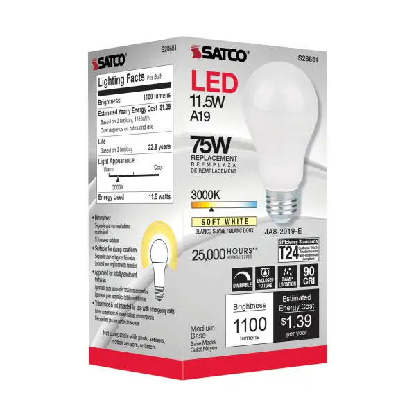 11.5 Watt - A19 LED - 90CRI - 3000K - Medium base - 220 deg. Beam Angle - 120 Volt - 1100 Lumens - CEC - Image 4