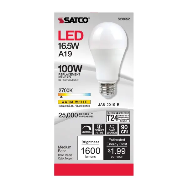 16.5 Watt - A19 LED - 90CRI - 2700K - Medium base - 220 deg. Beam Angle - 120 Volt - 1600 Lumens - CEC - Image 2