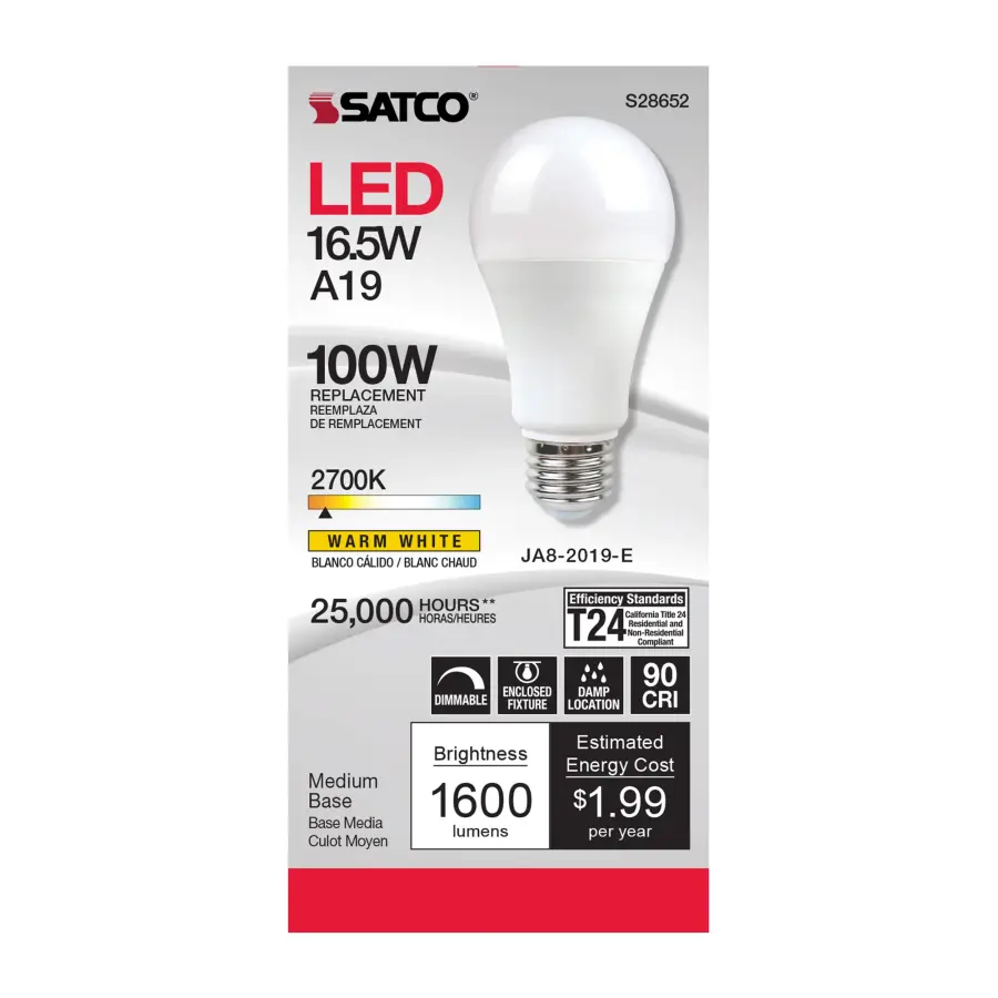 16.5 Watt - A19 LED - 90CRI - 2700K - Medium base - 220 deg. Beam Angle - 120 Volt - 1600 Lumens - CEC - Image 2