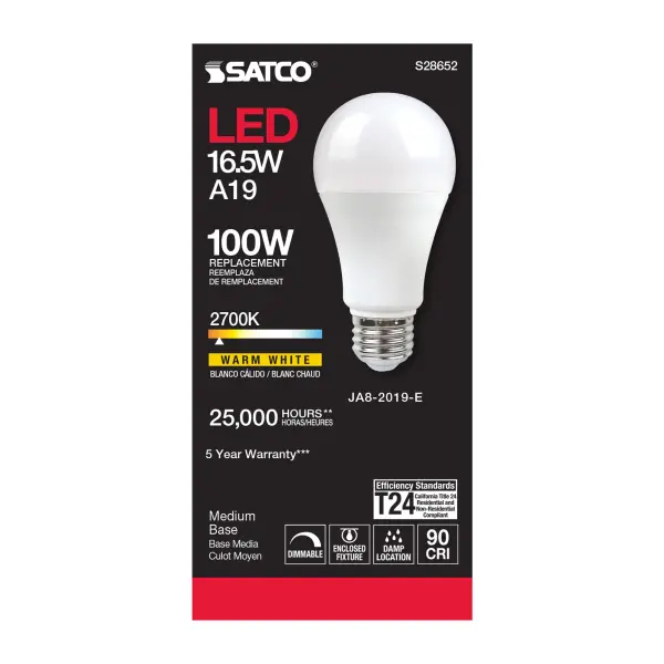 16.5 Watt - A19 LED - 90CRI - 2700K - Medium base - 220 deg. Beam Angle - 120 Volt - 1600 Lumens - CEC - Image 3