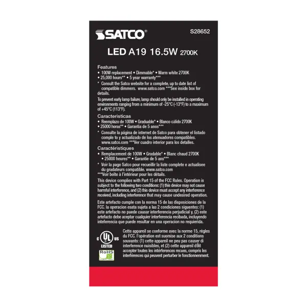 16.5 Watt - A19 LED - 90CRI - 2700K - Medium base - 220 deg. Beam Angle - 120 Volt - 1600 Lumens - CEC - Image 4