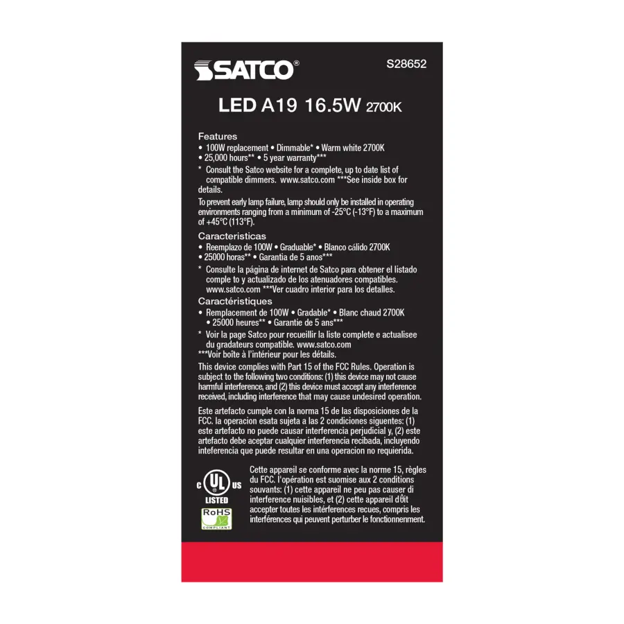 16.5 Watt - A19 LED - 90CRI - 2700K - Medium base - 220 deg. Beam Angle - 120 Volt - 1600 Lumens - CEC - Image 4