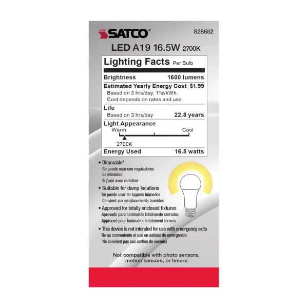 16.5 Watt - A19 LED - 90CRI - 2700K - Medium base - 220 deg. Beam Angle - 120 Volt - 1600 Lumens - CEC - Image 5