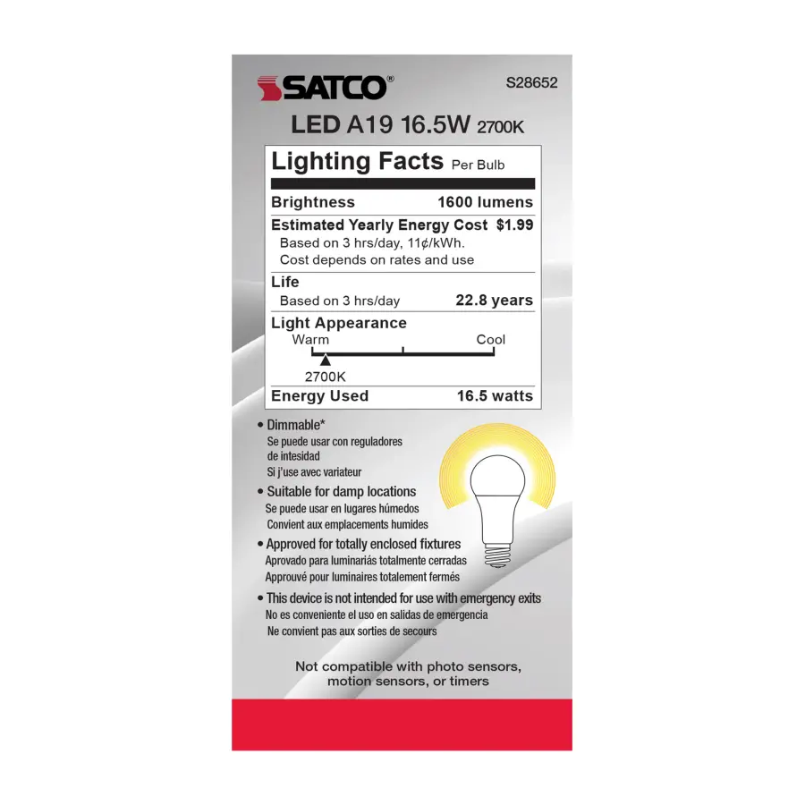 16.5 Watt - A19 LED - 90CRI - 2700K - Medium base - 220 deg. Beam Angle - 120 Volt - 1600 Lumens - CEC - Image 5