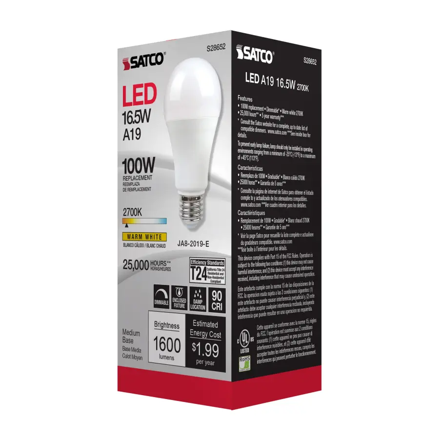 16.5 Watt - A19 LED - 90CRI - 2700K - Medium base - 220 deg. Beam Angle - 120 Volt - 1600 Lumens - CEC - Image 7