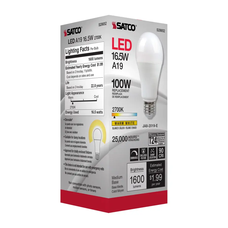16.5 Watt - A19 LED - 90CRI - 2700K - Medium base - 220 deg. Beam Angle - 120 Volt - 1600 Lumens - CEC - Image 8