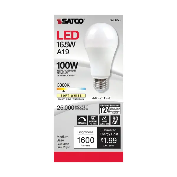 16.5 Watt - A19 LED - 90CRI - 3000K - Medium base - 220 deg. Beam Angle - 120 Volt - 1600 Lumens - CEC - Image 2