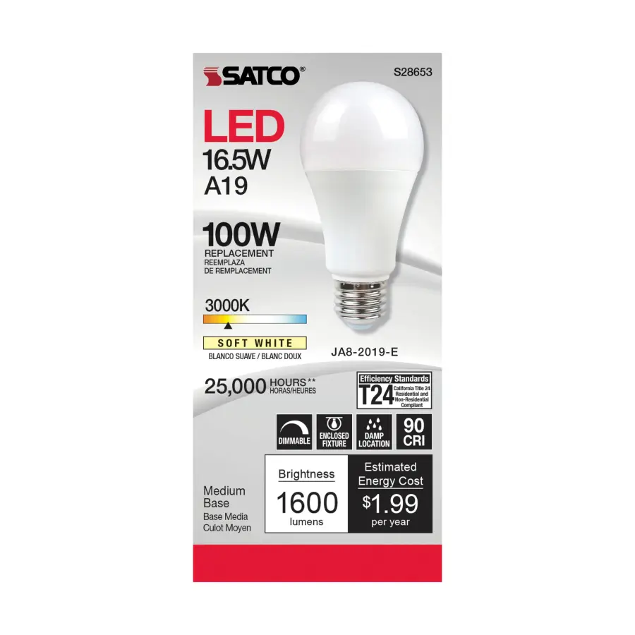 16.5 Watt - A19 LED - 90CRI - 3000K - Medium base - 220 deg. Beam Angle - 120 Volt - 1600 Lumens - CEC - Image 2
