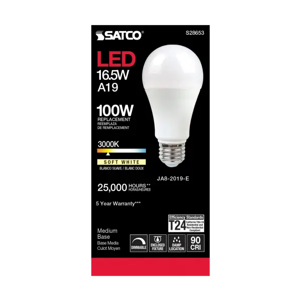 16.5 Watt - A19 LED - 90CRI - 3000K - Medium base - 220 deg. Beam Angle - 120 Volt - 1600 Lumens - CEC - Image 3