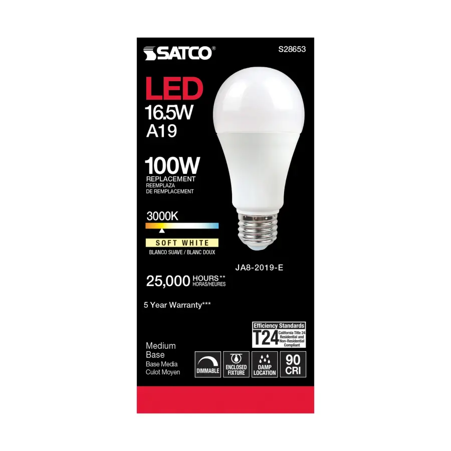 16.5 Watt - A19 LED - 90CRI - 3000K - Medium base - 220 deg. Beam Angle - 120 Volt - 1600 Lumens - CEC - Image 3