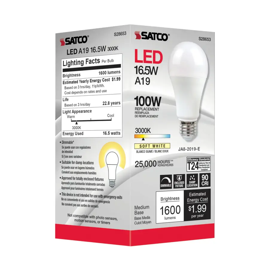 16.5 Watt - A19 LED - 90CRI - 3000K - Medium base - 220 deg. Beam Angle - 120 Volt - 1600 Lumens - CEC - Image 4