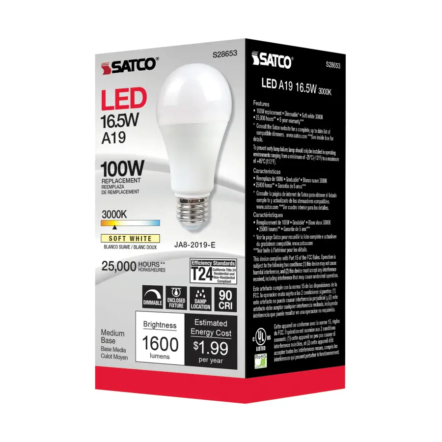 16.5 Watt - A19 LED - 90CRI - 3000K - Medium base - 220 deg. Beam Angle - 120 Volt - 1600 Lumens - CEC - Image 5