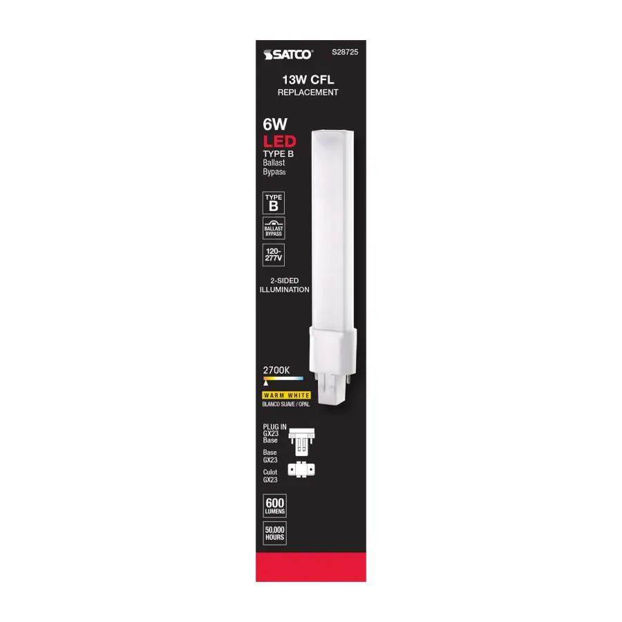 6 Watt LED PL 2-PIN - 2700K - 600 Lumens - GX23 base - 50000 Average rated hours - 360 deg. Beam Angle - 120-277 Volt - Type B - Ballast Bypass - Image 6