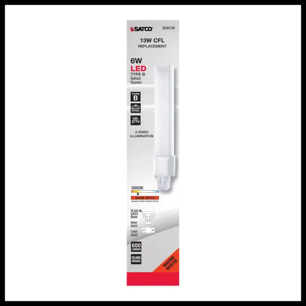 6 Watt LED PL 2-PIN - 3000K - 600 Lumens - GX23 base - 50000 Average rated hours - 360 deg. Beam Angle - 120-277 Volt - Type B - Ballast Bypass - Image 5