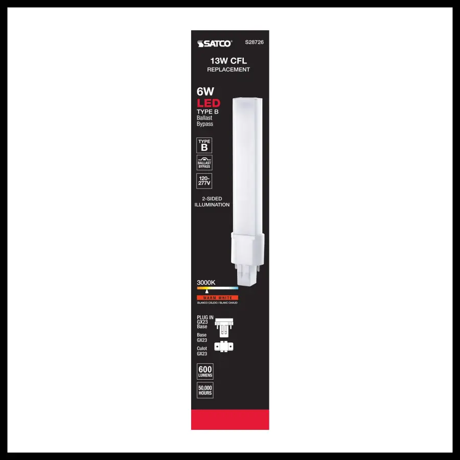 6 Watt LED PL 2-PIN - 3000K - 600 Lumens - GX23 base - 50000 Average rated hours - 360 deg. Beam Angle - 120-277 Volt - Type B - Ballast Bypass - Image 6
