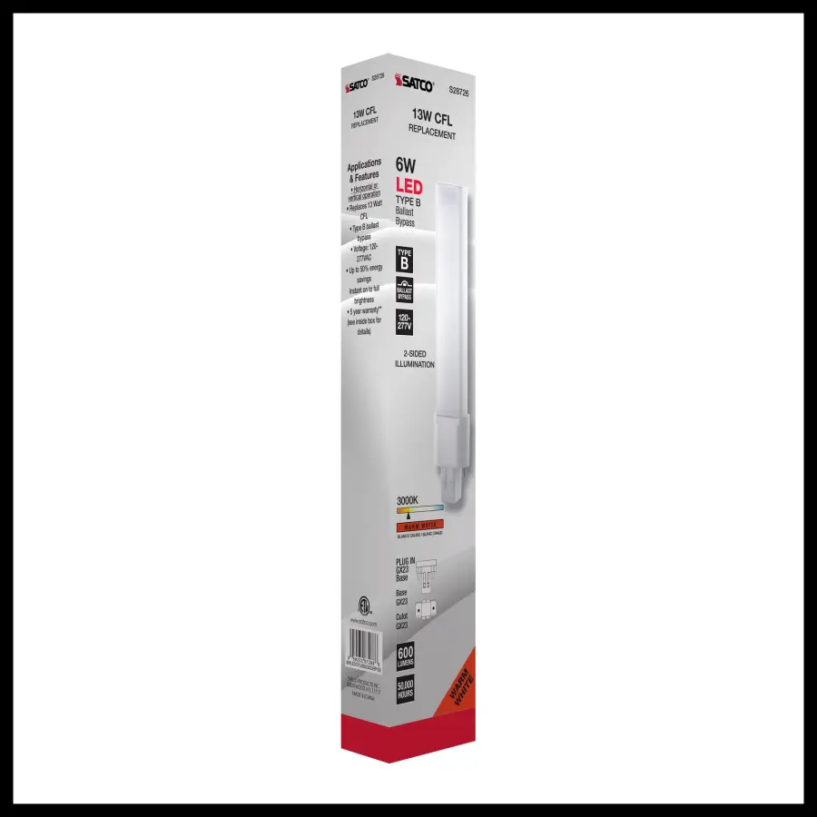 6 Watt LED PL 2-PIN - 3000K - 600 Lumens - GX23 base - 50000 Average rated hours - 360 deg. Beam Angle - 120-277 Volt - Type B - Ballast Bypass - Image 10