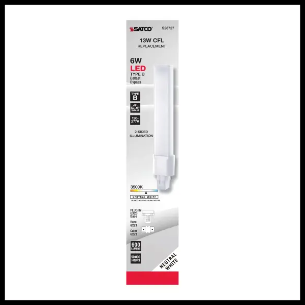 6 Watt LED PL 2-PIN - 3500K - 600 Lumens - GX23 base - 50000 Average rated hours - 360 deg. Beam Angle - 120-277 Volt - Type B - Ballast Bypass - Image 5