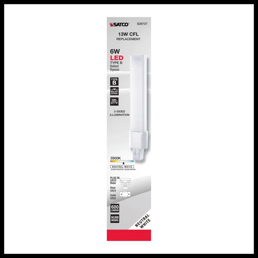 6 Watt LED PL 2-PIN - 3500K - 600 Lumens - GX23 base - 50000 Average rated hours - 360 deg. Beam Angle - 120-277 Volt - Type B - Ballast Bypass - Image 5