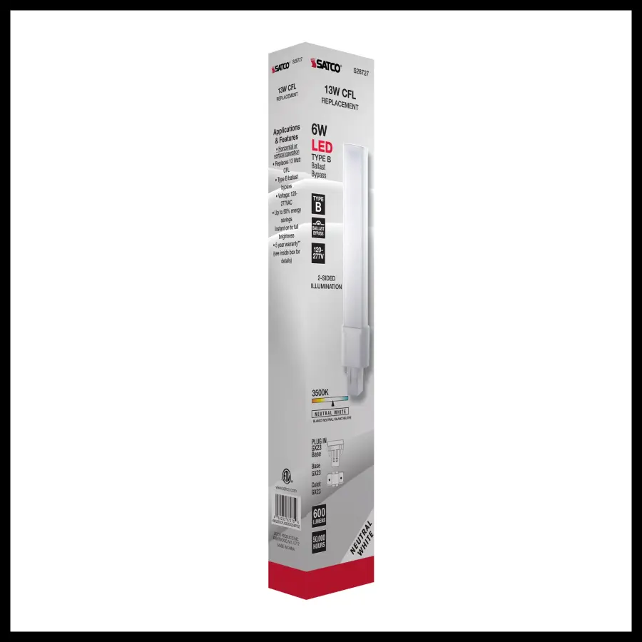 6 Watt LED PL 2-PIN - 3500K - 600 Lumens - GX23 base - 50000 Average rated hours - 360 deg. Beam Angle - 120-277 Volt - Type B - Ballast Bypass - Image 10