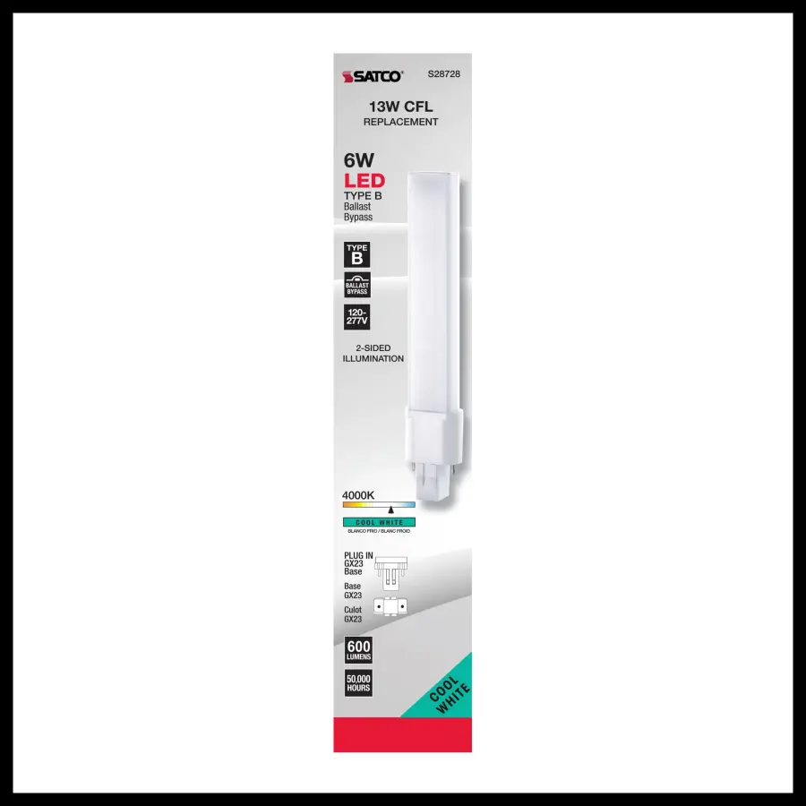 6 Watt LED PL 2-PIN - 4000K - 600 Lumens - GX23 base - 50000 Average rated hours - 360 deg. Beam Angle - 120-277 Volt - Type B - Ballast Bypass - Image 5