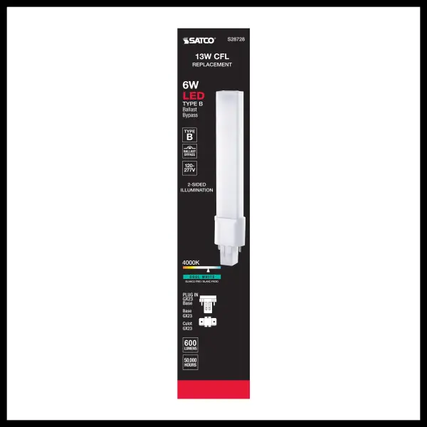 6 Watt LED PL 2-PIN - 4000K - 600 Lumens - GX23 base - 50000 Average rated hours - 360 deg. Beam Angle - 120-277 Volt - Type B - Ballast Bypass - Image 6