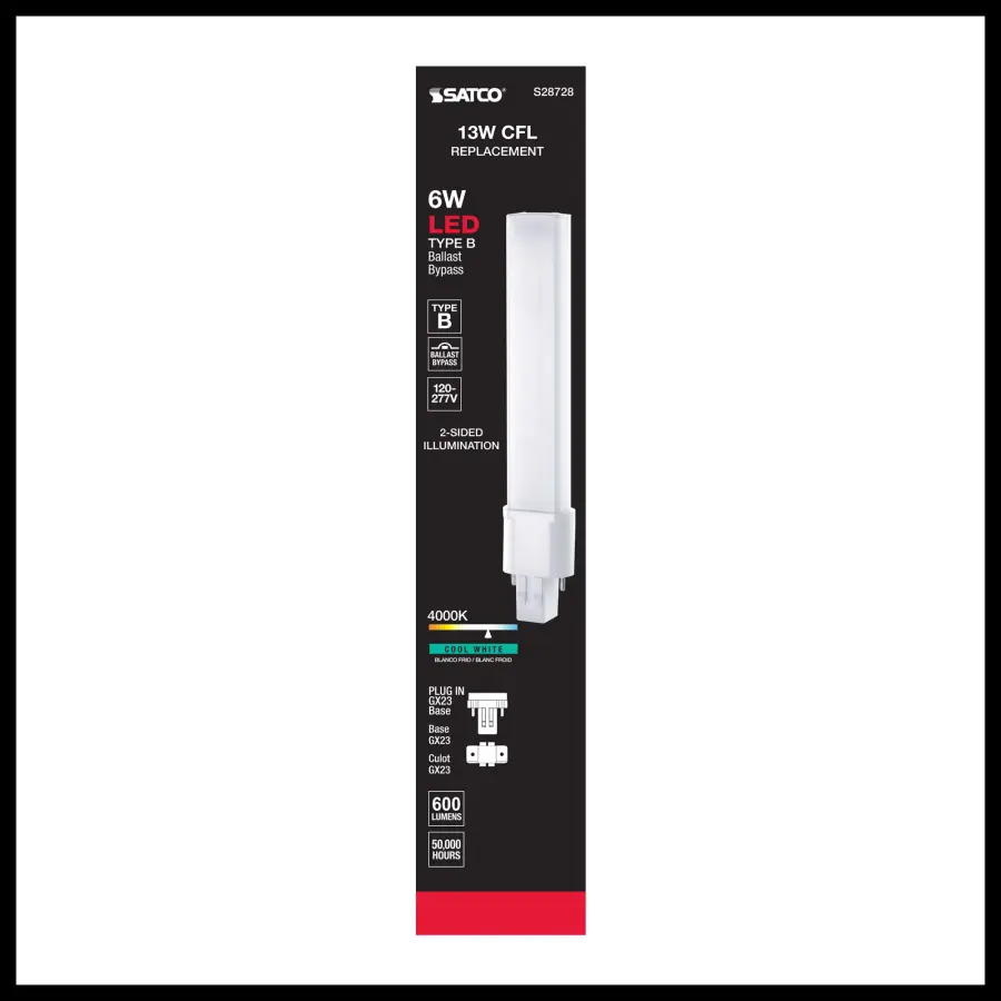 6 Watt LED PL 2-PIN - 4000K - 600 Lumens - GX23 base - 50000 Average rated hours - 360 deg. Beam Angle - 120-277 Volt - Type B - Ballast Bypass - Image 6