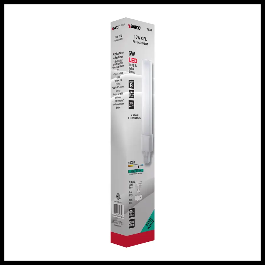 6 Watt LED PL 2-PIN - 4000K - 600 Lumens - GX23 base - 50000 Average rated hours - 360 deg. Beam Angle - 120-277 Volt - Type B - Ballast Bypass - Image 10