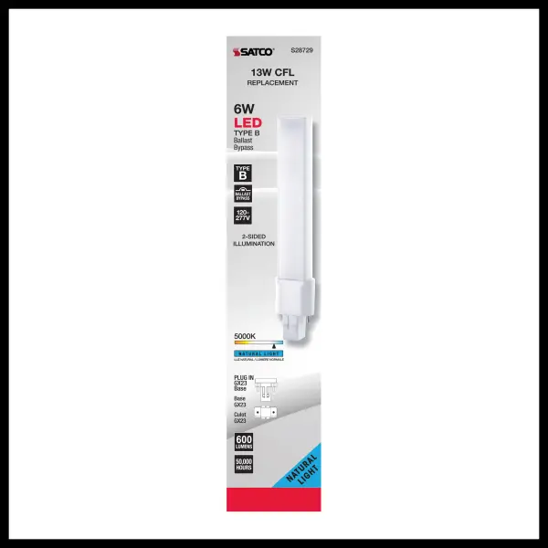 6 Watt LED PL 2-PIN - 5000K - 600 Lumens - GX23 base - 50000 Average rated hours - 360 deg. Beam Angle - 120-277 Volt - Type B - Ballast Bypass - Image 5