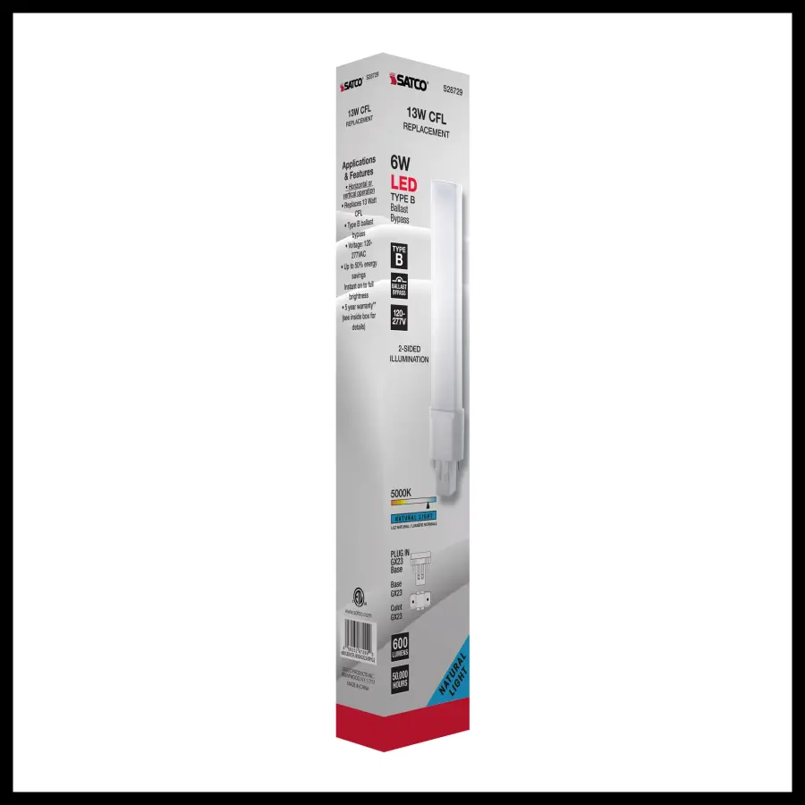 6 Watt LED PL 2-PIN - 5000K - 600 Lumens - GX23 base - 50000 Average rated hours - 360 deg. Beam Angle - 120-277 Volt - Type B - Ballast Bypass - Image 10