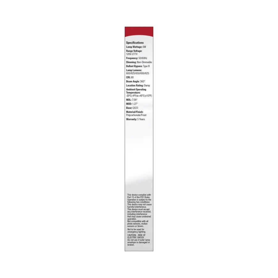 6 Watt LED PL 2-PIN - GX23 Base - 27K/30K/35K/40K/50K CCT Selectable - 120-277 Volt - Type B - Ballast Bypass - Image 7