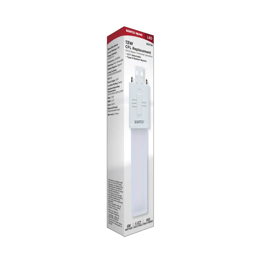 6 Watt LED PL 2-PIN - GX23 Base - 27K/30K/35K/40K/50K CCT Selectable - 120-277 Volt - Type B - Ballast Bypass - Image 10