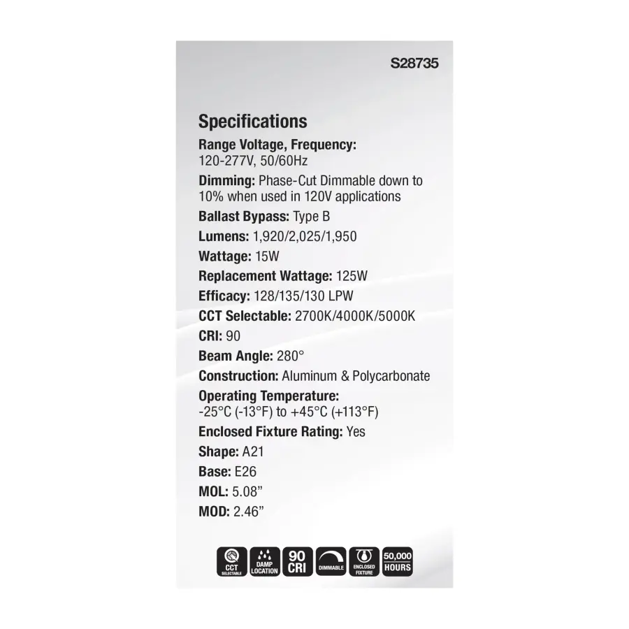 15 Watt LED A21 - High Lumen Output - 27K/40K/50K CCT Selectable - Medium Base - White Finish - 120V-277V - Image 8