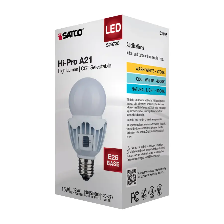 15 Watt LED A21 - High Lumen Output - 27K/40K/50K CCT Selectable - Medium Base - White Finish - 120V-277V - Image 9