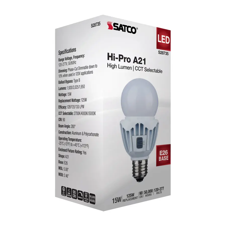 15 Watt LED A21 - High Lumen Output - 27K/40K/50K CCT Selectable - Medium Base - White Finish - 120V-277V - Image 10