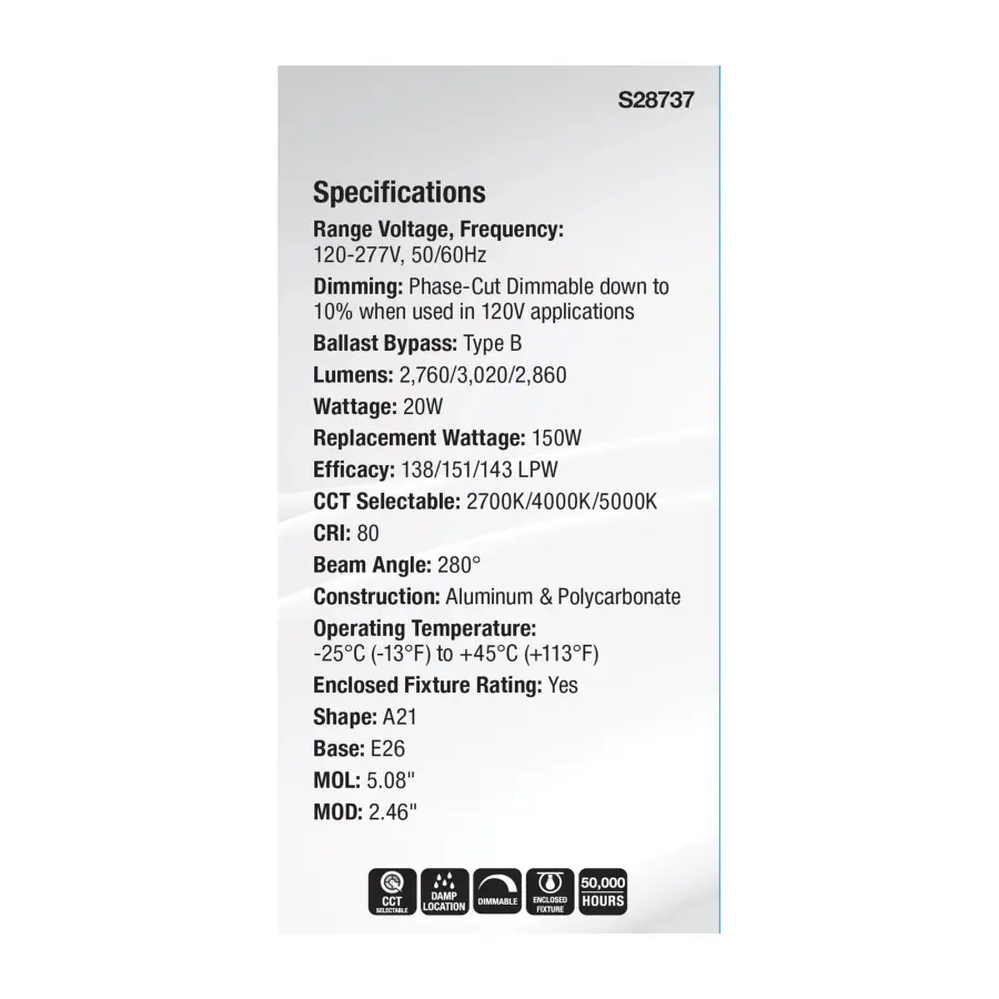 20 Watt LED A21 - High Lumen Output - 27K/40K/50K CCT Selectable - Medium Base - White Finish - 120V-277V - Image 8