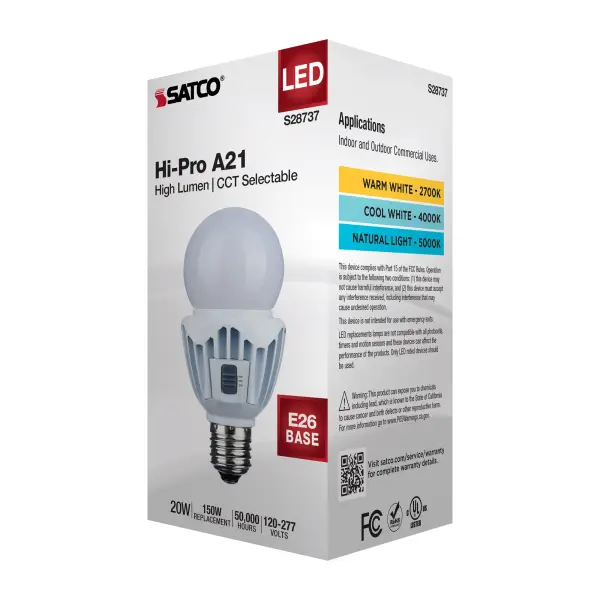 20 Watt LED A21 - High Lumen Output - 27K/40K/50K CCT Selectable - Medium Base - White Finish - 120V-277V - Image 9