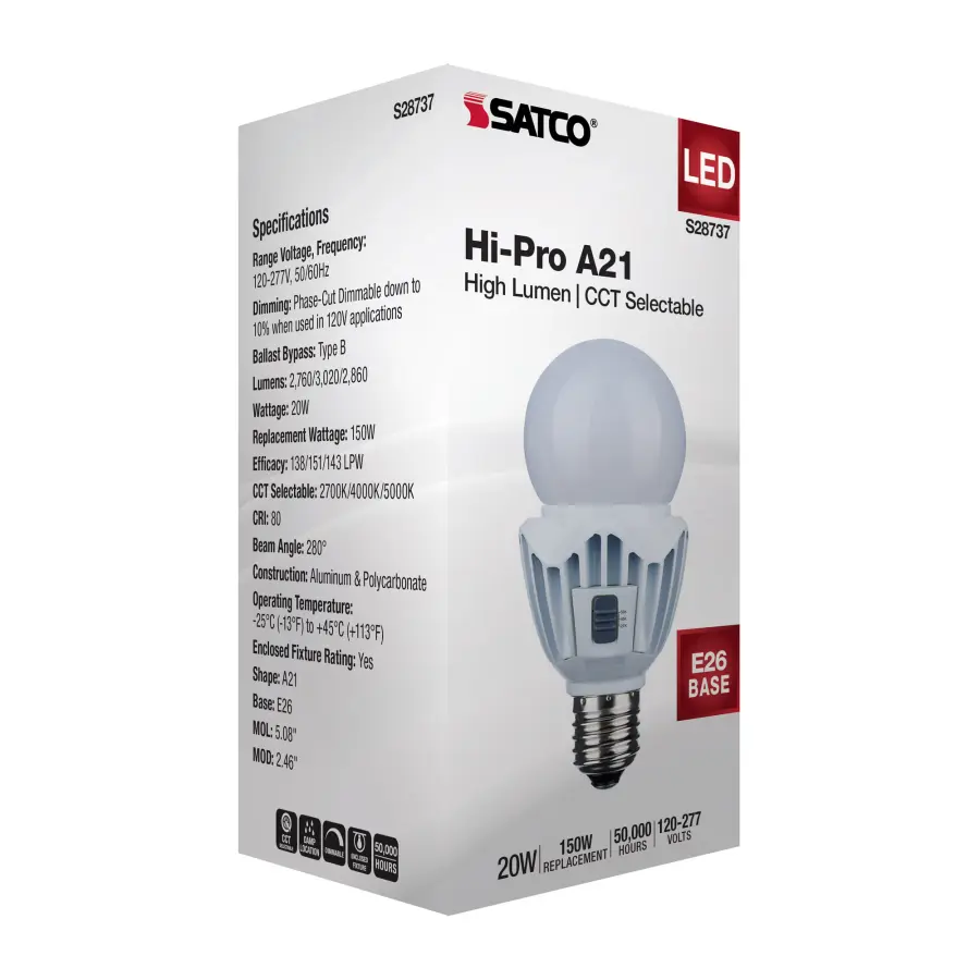 20 Watt LED A21 - High Lumen Output - 27K/40K/50K CCT Selectable - Medium Base - White Finish - 120V-277V - Image 10
