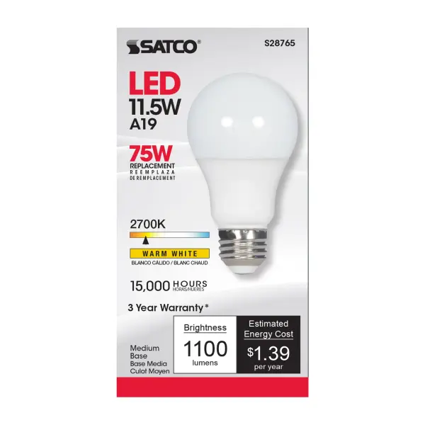 11.5 Watt - A19 LED - 2700K - Medium base - 220 deg. Beam Angle -120 Volt - alternate view