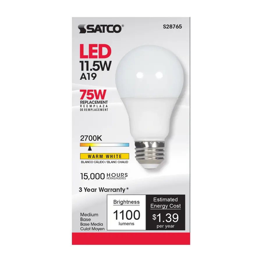 11.5 Watt - A19 LED - 2700K - Medium base - 220 deg. Beam Angle -120 Volt - Image 2