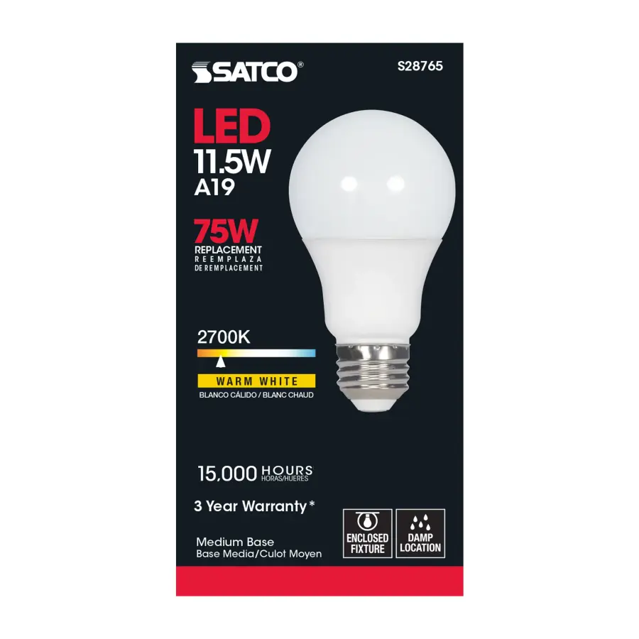 11.5 Watt - A19 LED - 2700K - Medium base - 220 deg. Beam Angle -120 Volt - Image 3