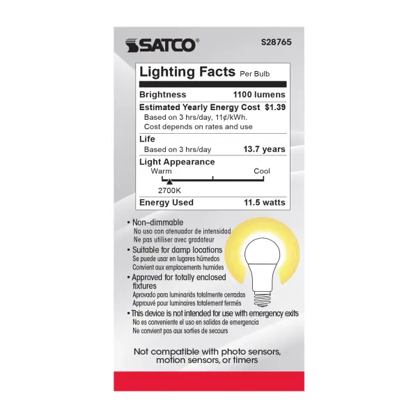 11.5 Watt - A19 LED - 2700K - Medium base - 220 deg. Beam Angle -120 Volt - Image 5
