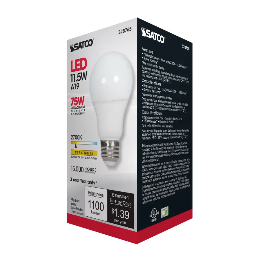 11.5 Watt - A19 LED - 2700K - Medium base - 220 deg. Beam Angle -120 Volt - Image 6