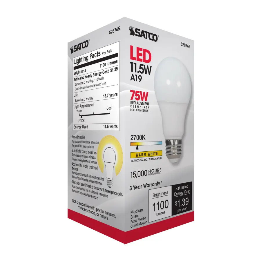 11.5 Watt - A19 LED - 2700K - Medium base - 220 deg. Beam Angle -120 Volt - Image 7