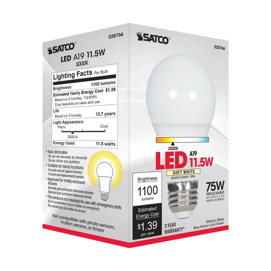11.5 Watt - A19 LED - 3000K - Medium base - 220 deg. Beam Angle -120 Volt - Image 7