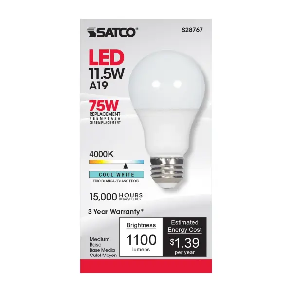 Satco's 11.5-watt, A19 LED lamp is a sleek lighting solution for residential and commercial applications. Illuminate living rooms, dining rooms, hallways, and office spaces with this elegant white bulb. Versatile, with a high lumens count, this lamp delivers 15,000 hours of cool white light. - alternate view